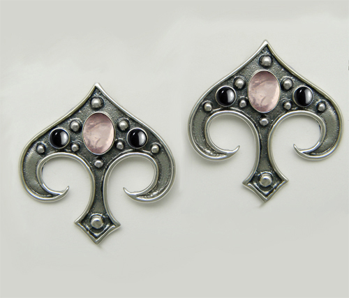Sterling Silver Gothic Inspired Drop Dangle Earrings With Rose Quartz And Hematite